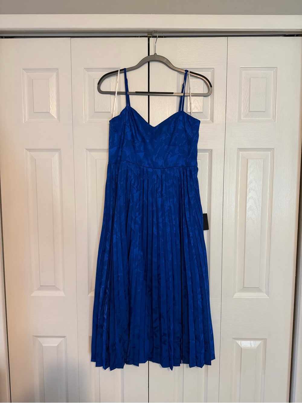 Chic Sensibility Cobalt Blue Satin Jacquard Pleated Midi Dress